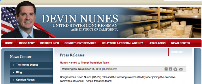 Devin Nunes, who briefed the President on the alleged surveillance of Trump transition team, was named to the team himself Nov. 11th, 2016